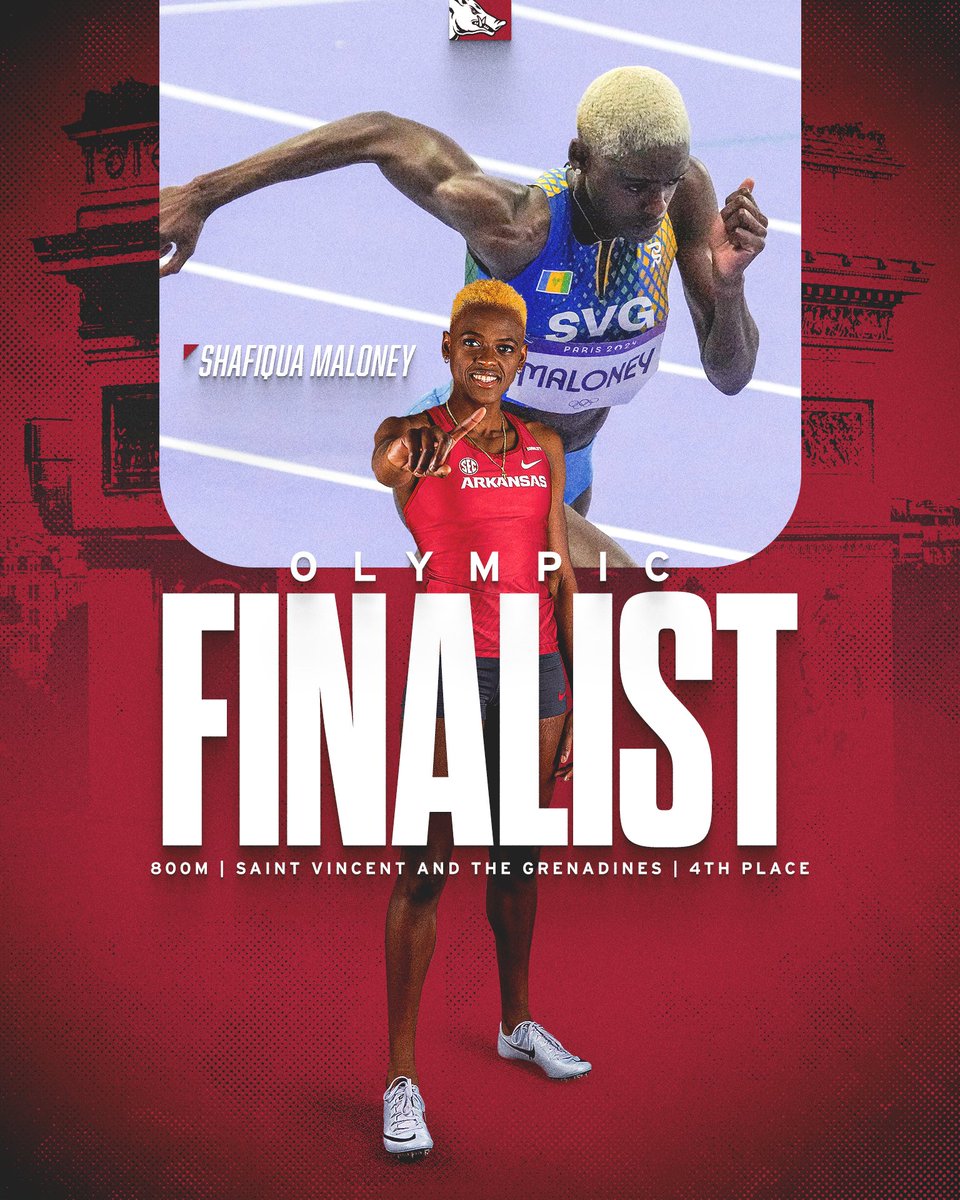 RazorbackTF's tweet image. 2024 Paris Olympics

Arkansas alum Shafiqua Maloney places fourth in 800m final in 1:57.66 as the first Olympic finalist for St. Vincent &amp;amp; the Grenadines

#WPS 🐗🇻🇨 | #OlympiansMadeHere