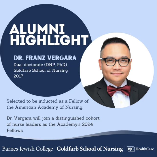 Barnes-Jewish College Goldfarb School of Nursing is beyond honored to share that Franz Vergara has been inducted as a Fellow of the American Academy of Nursing!
Here’s to new opportunities and continued growth! #AANFellow #NursingLeadership #BJC