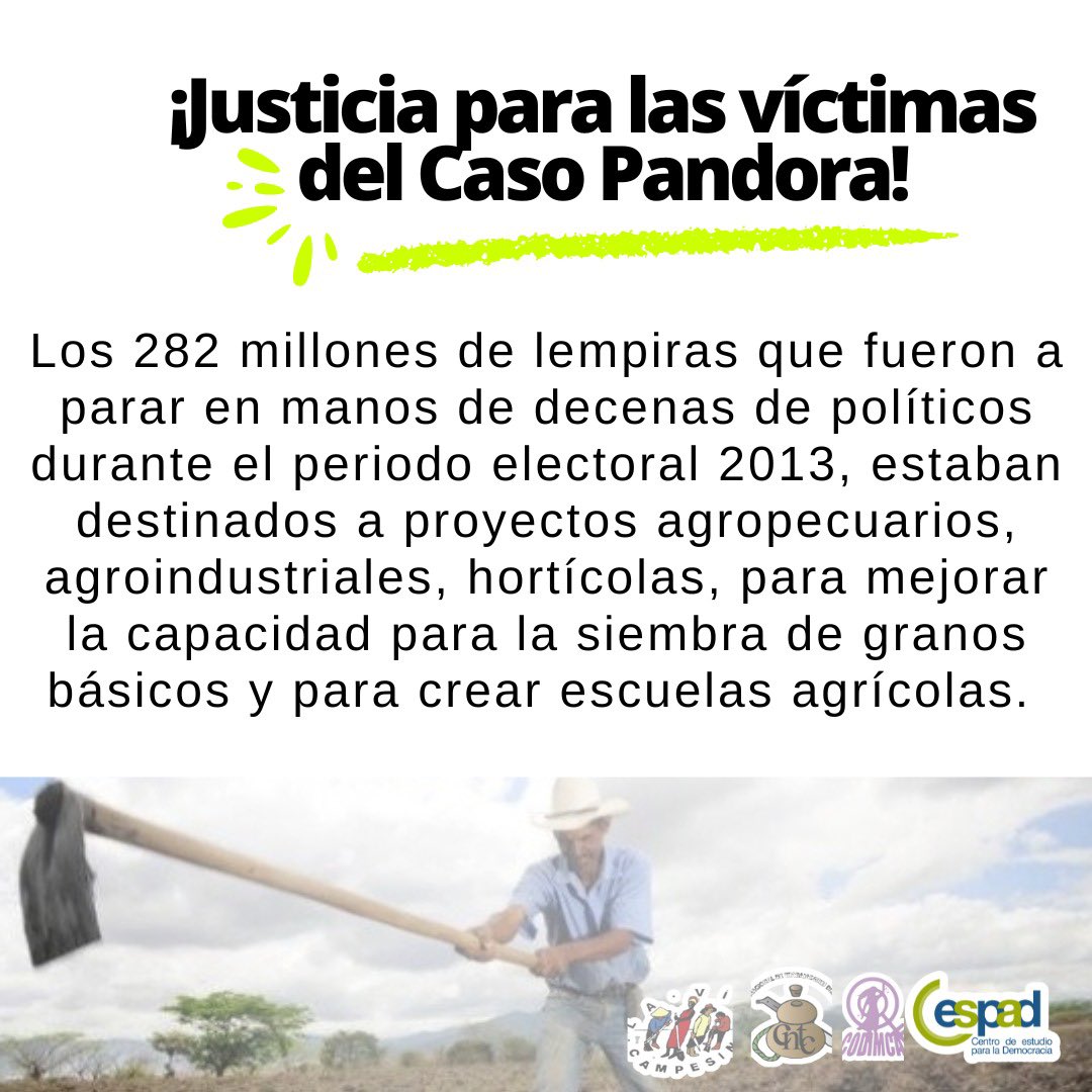 📌De la Secretaría de Agricultura y Secretaría (SAG) se desviaron millones de lempiras destinados a fortalecer las capacidades agrícolas de Honduras para financiar campañas políticas de diversos partidos políticos en el 2013.

¡Justicia para las víctimas del Caso Pandora!