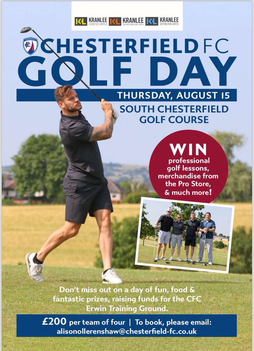 Last couple of places remaining for the golf day on the 15th August ⛳️

Get in touch if you want a team 👇👇

Email: karen@kranlee.com or message our page

<a href="/1866Sport/">1866 Sport</a> <a href="/ChesterfieldFC/">Chesterfield FC</a>

#golflife #golfmad #kranleelogistics