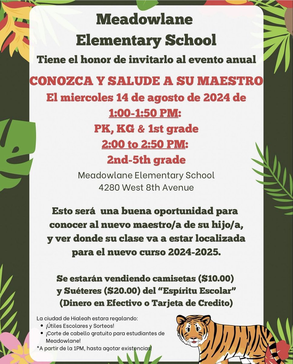 Meadowlane ES (@meadowlane_es) on Twitter photo Meet & Greet Event on Wednesday, August 14, 2024. See flyer for more information <a href="/Meadowlane_ES/">Meadowlane ES</a> <a href="/MDCPSNorth/">M-DCPS North Region</a> Meet & Greet Event on Wednesday, August 14, 2024. See flyer for more information <a href="/Meadowlane_ES/">Meadowlane ES</a> <a href="/MDCPSNorth/">M-DCPS North Region</a>