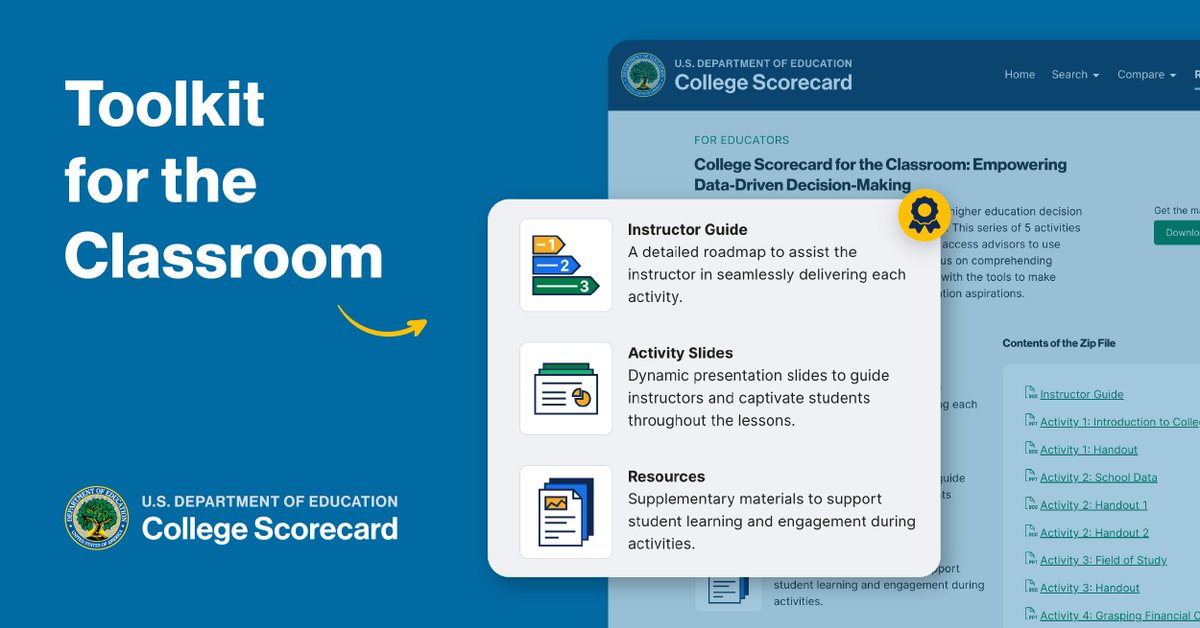 Educators! Use ED's NEW College Scorecard Toolkits to help your students during their college search.

Find training, resources, tools, and more resources to help them find the right fit: collegescorecard.ed.gov/resources