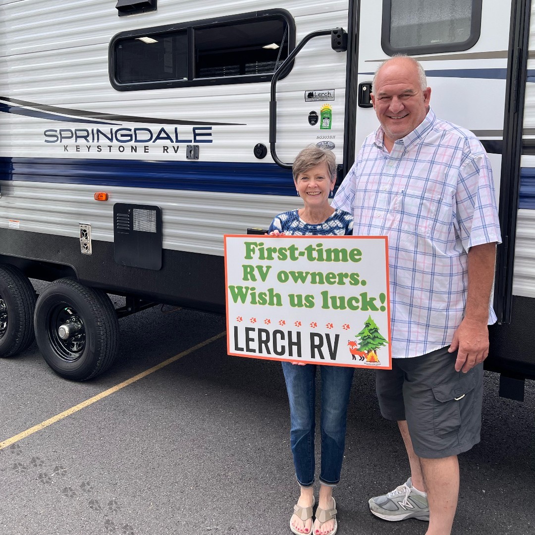 LerchRV's tweet image. A big THANK YOU and a hearty apology to Kathy &amp;amp; Rick from Houtzdale, PA, who recently took home their new Springdale 303BH. These first-time RV owners brought home a great trailer with a bunk layout.  #sorry #goRVing #doover #springdalerv #followthefox #smiles #rvowners