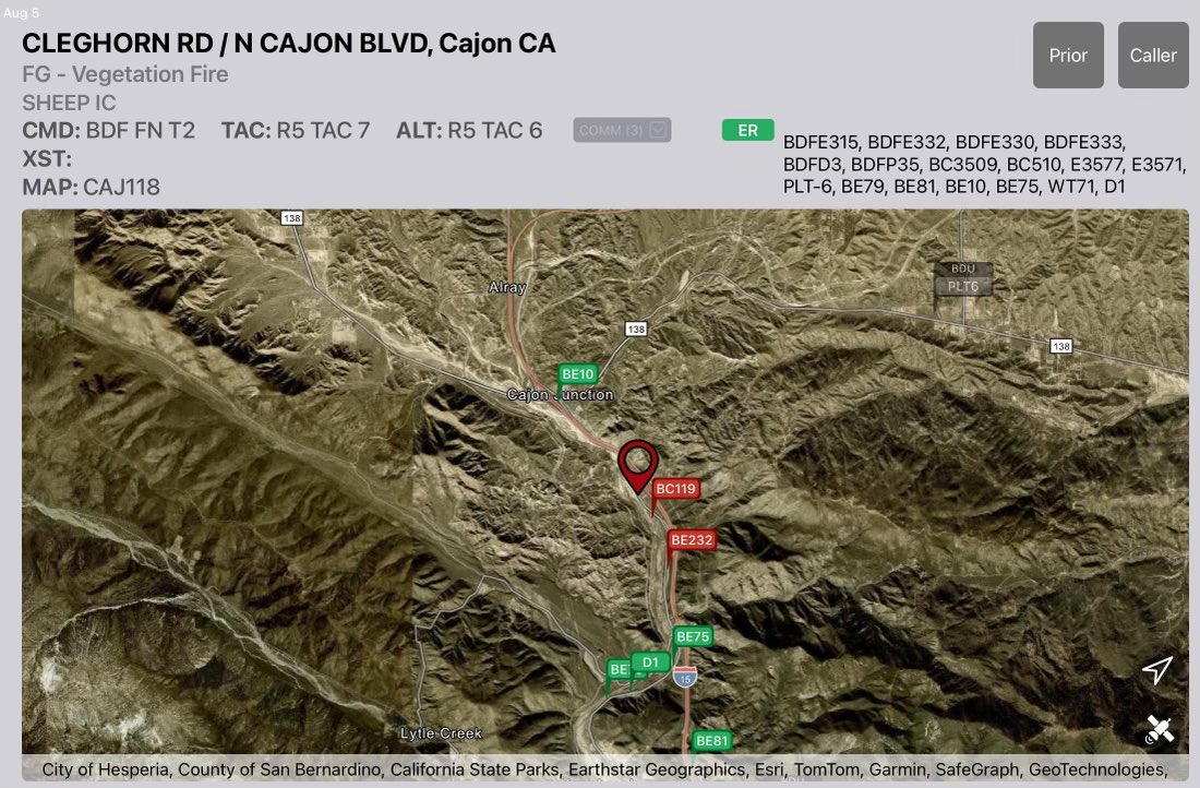 SBCOUNTYFIRE's tweet photo. CAJON PASS: #SBCoFD on scene VEGETATION FIRE CajonBlvd south of Cleghorn Rd. 2 acres med fuel MROS. IC req closure of CajonBlvd to support fire operations. #SheepFire @SanBernardinoNF @CALFIREBDU ^eas https://t.co/b18KJaR7xT