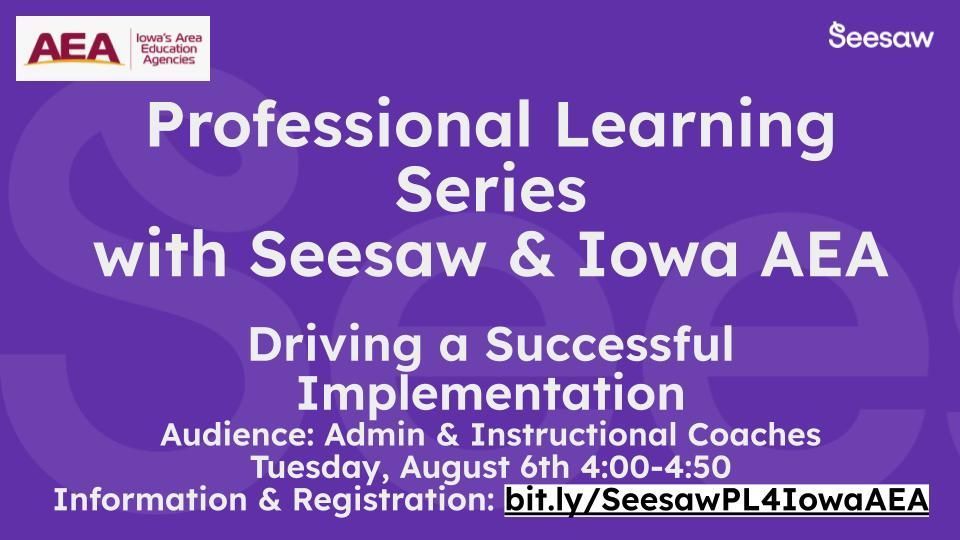 The Digital Learning Team (@dlgwaea) on Twitter photo Attention Iowa Seesaw Users! Join the Seesaw team in Fall webinars to enhance instruction with the Seesaw platform. First session August 6th for admin & coaches on implementation. More information & registration at buff.ly/4fyluij. <a href="/GrantWoodAEA/">Grant Wood AEA</a> <a href="/iowa_aea/">Iowa's AEAs</a> Attention Iowa Seesaw Users! Join the Seesaw team in Fall webinars to enhance instruction with the Seesaw platform. First session August 6th for admin & coaches on implementation. More information & registration at buff.ly/4fyluij. <a href="/GrantWoodAEA/">Grant Wood AEA</a> <a href="/iowa_aea/">Iowa's AEAs</a>