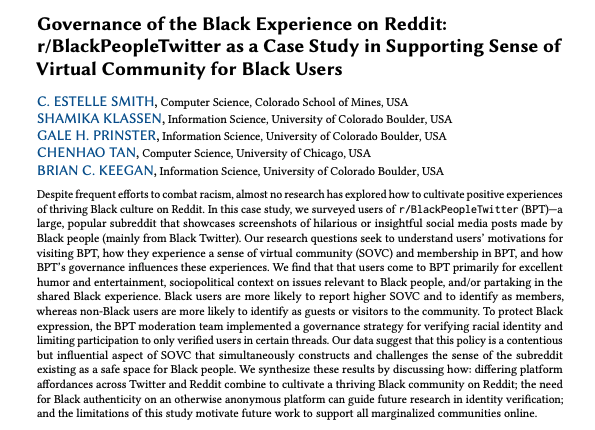 EstelleSmithPhD's tweet photo. 📣Our work on #BlackReddit will be at #CSCW2024! Standing on the shoulders of #BlackTwitter, we ask how the subreddit r/BlackPeopleTwitter cultivates a thriving, joyful space for Black users. Preprint: https://t.co/Qy7hLw9FIW w/@shamikalashawn @GalePrinster @ChenhaoTan @bkeegan https://t.co/yydIHvRAKQ