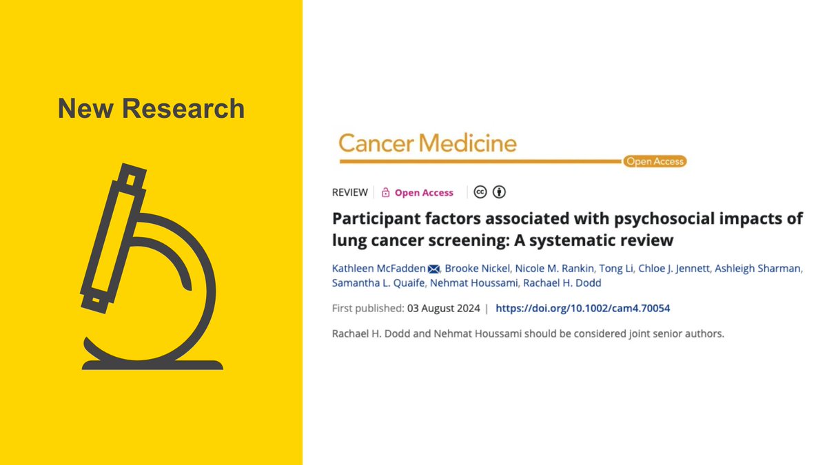 The Daffodil Centre (@daffodilcentre) on Twitter photo NEW RESEARCH | Participant factors associated with psychosocial impacts of lung cancer screening: A systematic review by @kmcfaddxn <a href="/nicole_rankin8n/">A/Prof Nicole Rankin</a> <a href="/TongLiUSYD/">Dr Tong Li</a> <a href="/CJJennett/">Chloe Jennett</a> <a href="/QuaifeS/">Samantha Quaife</a> N Houssami <a href="/RachaelHDodd/">Dr Rachael Dodd</a> et al. <a href="/HealthLitLab/">Sydney Health Literacy Lab</a>
Read in <a href="/CancerMedicineJ/">CancerMedicine</a> ➡️ doi.org/10.1002/cam4.7… NEW RESEARCH | Participant factors associated with psychosocial impacts of lung cancer screening: A systematic review by @kmcfaddxn <a href="/nicole_rankin8n/">A/Prof Nicole Rankin</a> <a href="/TongLiUSYD/">Dr Tong Li</a> <a href="/CJJennett/">Chloe Jennett</a> <a href="/QuaifeS/">Samantha Quaife</a> N Houssami <a href="/RachaelHDodd/">Dr Rachael Dodd</a> et al. <a href="/HealthLitLab/">Sydney Health Literacy Lab</a>
Read in <a href="/CancerMedicineJ/">CancerMedicine</a> ➡️ doi.org/10.1002/cam4.7…