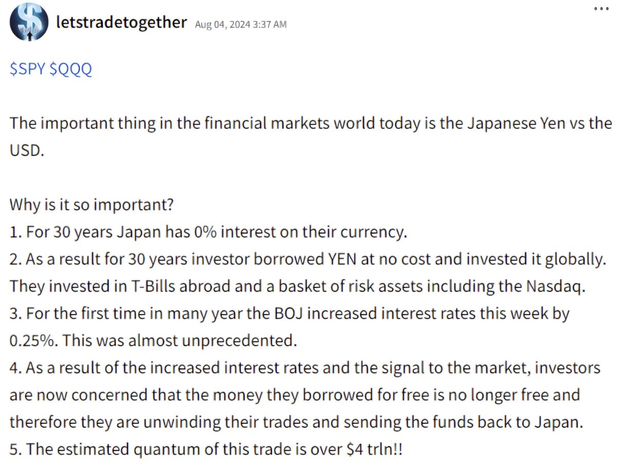 Stocompass's tweet photo. #Stocktwits user #letstradetogether’s excellent summary of Japanese #Yen’s recent volatility and why it triggered a global meltdown. 💴 https://t.co/i2XuNLRUfG
