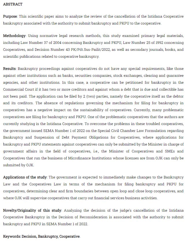 Jurisprudence_e's tweet photo. Triharyani, Anik, dkk. “Analysis of Judgement on #Cancellation of Bankruptcy of Intidana Saving and Loan Cooperative (Review of the Authority to File for Bankruptcy and PKPU against Cooperatives).” Jurnal #Jurisprudence, Juni 2023, hlm. 31–45.  https://t.co/2C1Z6GF0PX. https://t.co/pdjcFrdDn5
