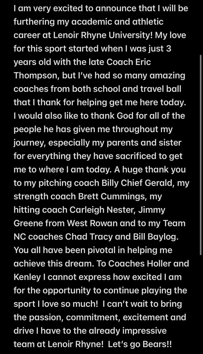 I am excited to announce my verbal commitment to Lenoir Rhyne university to further my academic and athletic career! Go Bears!!🐻🐻