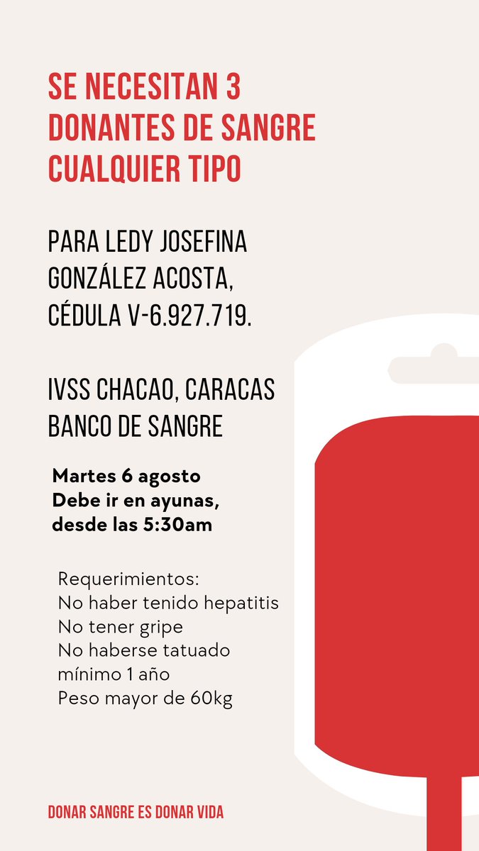 #ServicioPúblico Se requieren 3 donantes de sangre cualquier tipo. El día de mañana 6 de agosto. Para Ledy Josefina González Acosta, Cédula V-6.927.719, Banco de Sangre IVSS Chacao, Caracas.

Más información en la imagen 

<a href="/FMCenterNoticia/">FM Center Es Noticia</a> <a href="/DonanteSangreVE/">Donantes de Sangre</a> 
<a href="/ReporteYa/">Reporte Ya</a>