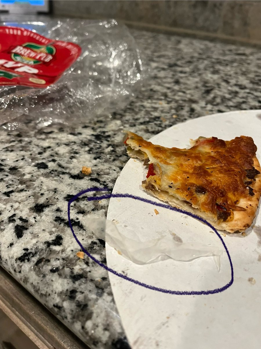 Elwaythian's tweet photo. @brewpubpizza love your pizzas but tonight I got a big piece of plastic under the cheese????? https://t.co/fpIZKPy8ot
