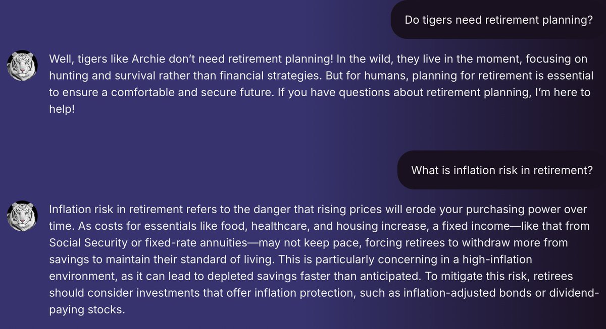 yangtang's tweet photo. AI applications getting better every moment 

We’ve been testing chatbots at @qstarlabs_ai as part of our social media persona build

We booted up Archie, a white tiger who works at @ArchIndices 

He’s pretty knowledgeable about retirement planning even though tigers don’t retire https://t.co/b4enh4Zf2u