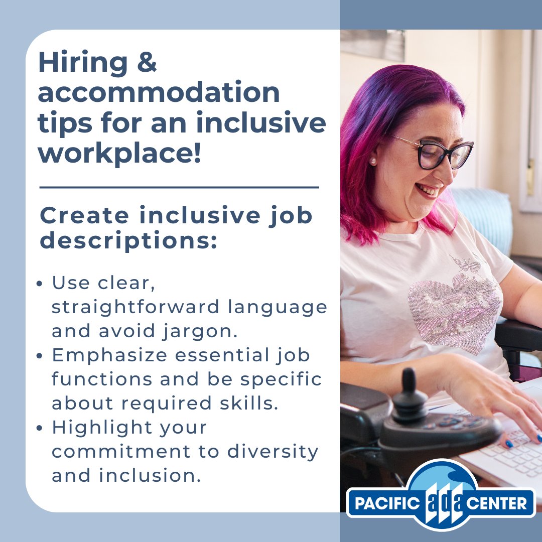 PacificADACtr's tweet photo. Want to make your workplace more welcoming?
Learn more about the ADA and employment: https://t.co/ukY4p7sCRI
#InclusiveHiring #Diversity #AccessibleWorkplace https://t.co/3oK7VeFcVG