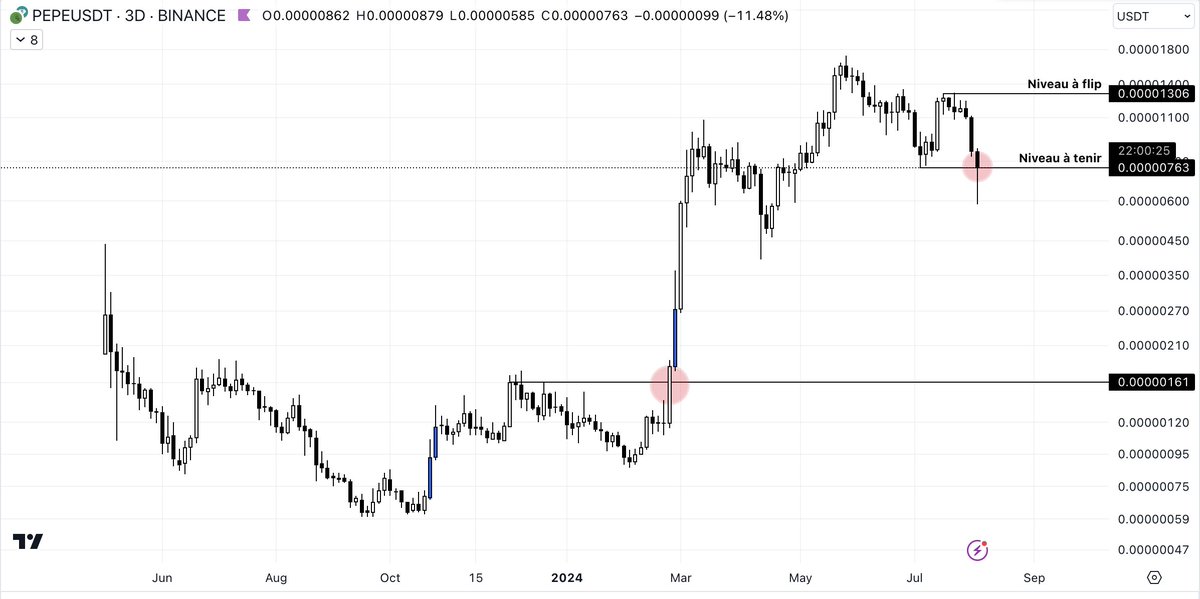 the_conquerant's tweet image. Depuis le debut de ce cycle, les meme coins ont surperformés  le reste du marché

🔴 Mais...C&apos;est peut-être la fin

$PEPE, nous dessine l&apos;exacte pattern opposée qu&apos;il avait fait avant de faire x10

Si on cloture sous les 0.000076...

Il y aura un fort risque de correction