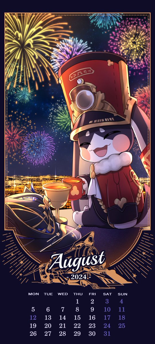 8月のカレンダーじゃ！ 夜空を彩る花火じゃ🎆 #パムのカレンダー #崩壊