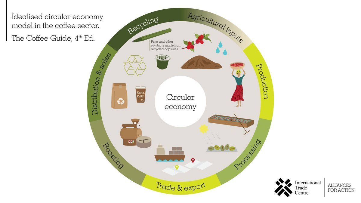 Circular economy model in the coffee sector.
(Source: The Coffee Guide, 4th Ed., <a href="/ITCnews/">International Trade Centre (ITC)</a>)

♻️To capture circular value, it is important to consider the entire supply chain!

#circulareconomy #coffee #sustainability #environment #globalgoals #SDGs
<a href="/EconomyEurope/">Circular Economy Europe</a> <a href="/circulareconomy/">Ellen MacArthur Foundation</a>