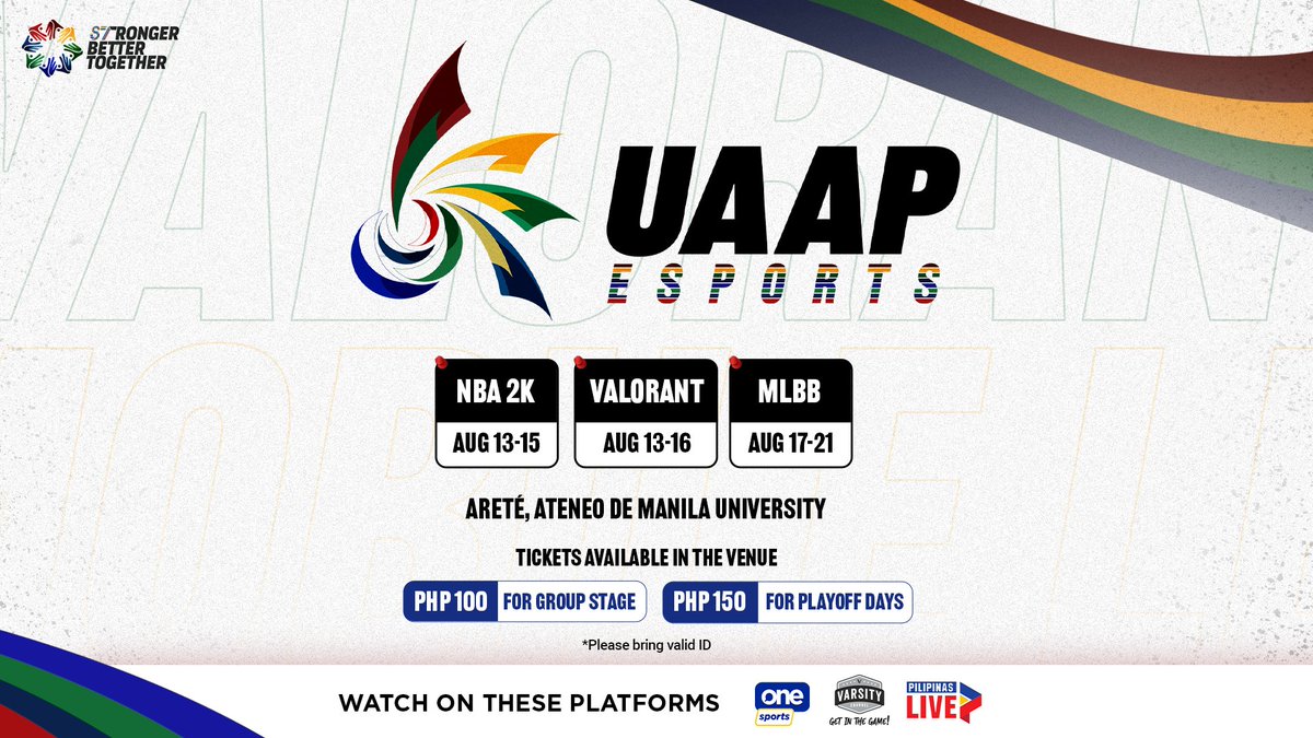 OneSportsPHL's tweet photo. NEW SEASON, NEW SPORT

Before we officially begin the 87th season of our beloved UAAP, we will be having the league's first ever Esports tournament this coming August 13 to 21!

All 8 schools will be participating in three games, namely NBA 2k, Valorant, and MLBB.

#UAAPSeason87 https://t.co/Og3XtifcLT