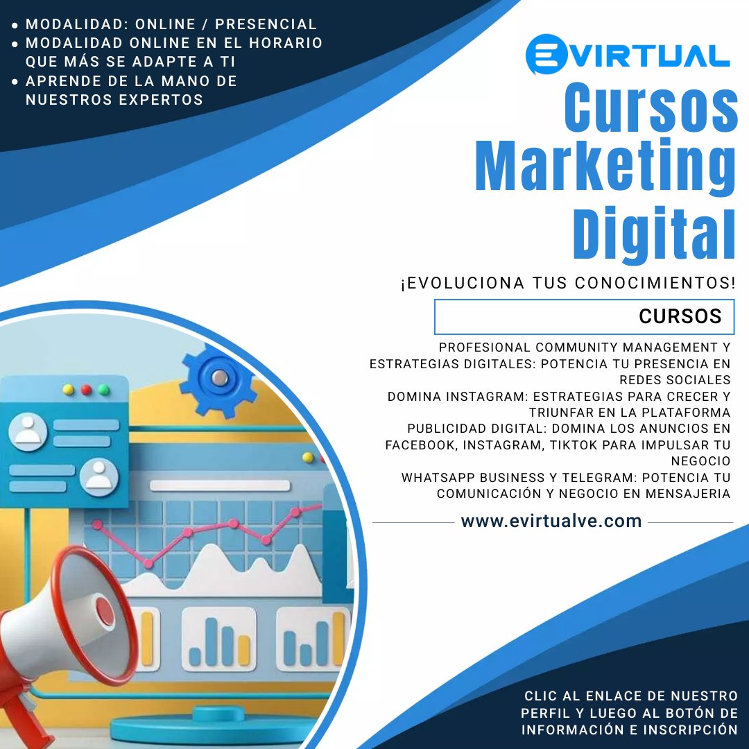evirtualve's tweet photo. 📚 APRENDE a IMPLEMENTAR estrategias de MARKETING, contenidos EFECTIVOS y publicidad a nivel SOCIAL MEDIA, además de posicionamiento WEB 🙌

🏢 ¿Quieres conocer sobre nuestra área de conocimiento #MarketingDigital? https://t.co/ipB1gpmHMV