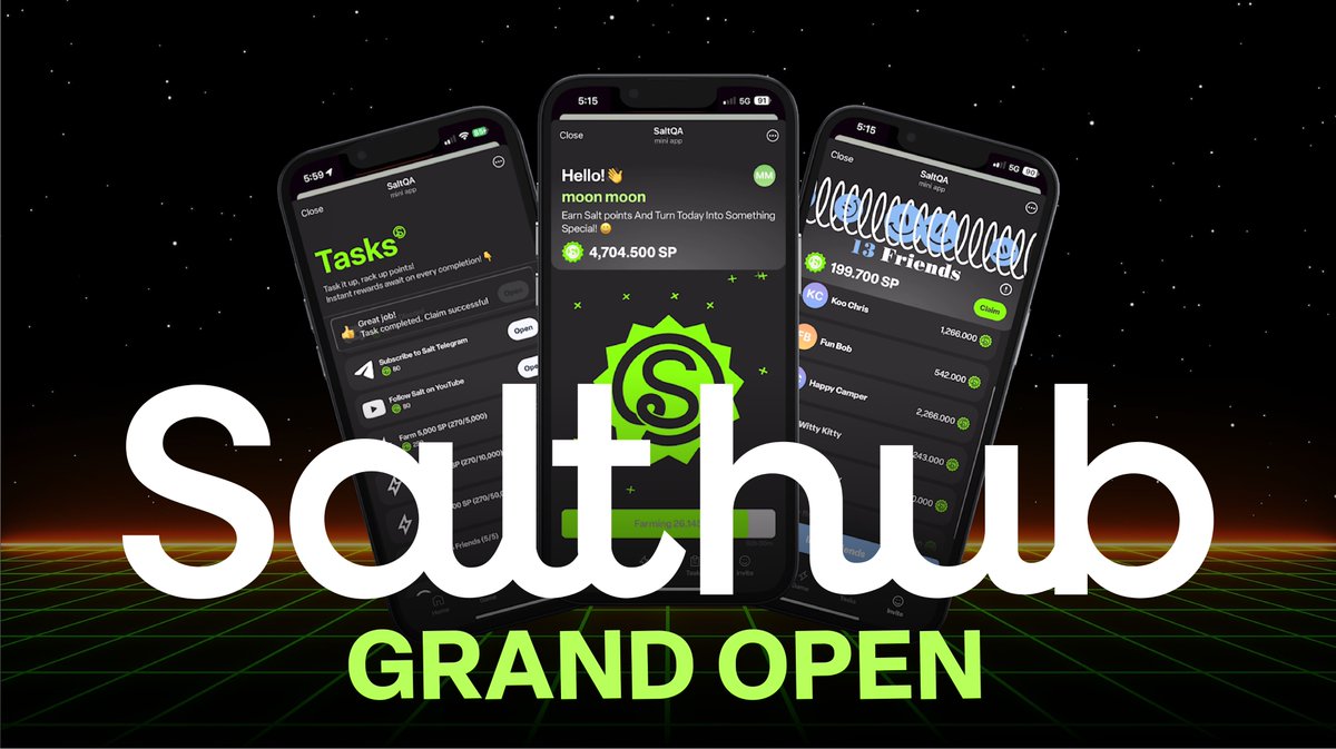 🧂 #Bignews! Salt Hub is officially launched! 🧂

🔥Get ready to revolutionize your trading experience with our cutting-edge trading bot. Salt Hub combines the latest algorithms and smart strategies for a new era in trading.
📝medium.com/@saltapp

Join us as we embark on this