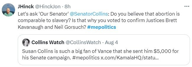 BruceBourgoine's tweet image. Ever notice how @SenatorCollins claims to not support Trump and says she won&apos;t vote for him in the privacy of the voting booth but lauds every despicable MAGA player in his orbit from Oz to Vance and so many others that come down the pike?

#ModerateMyth #Harris2024 #MEpolitics