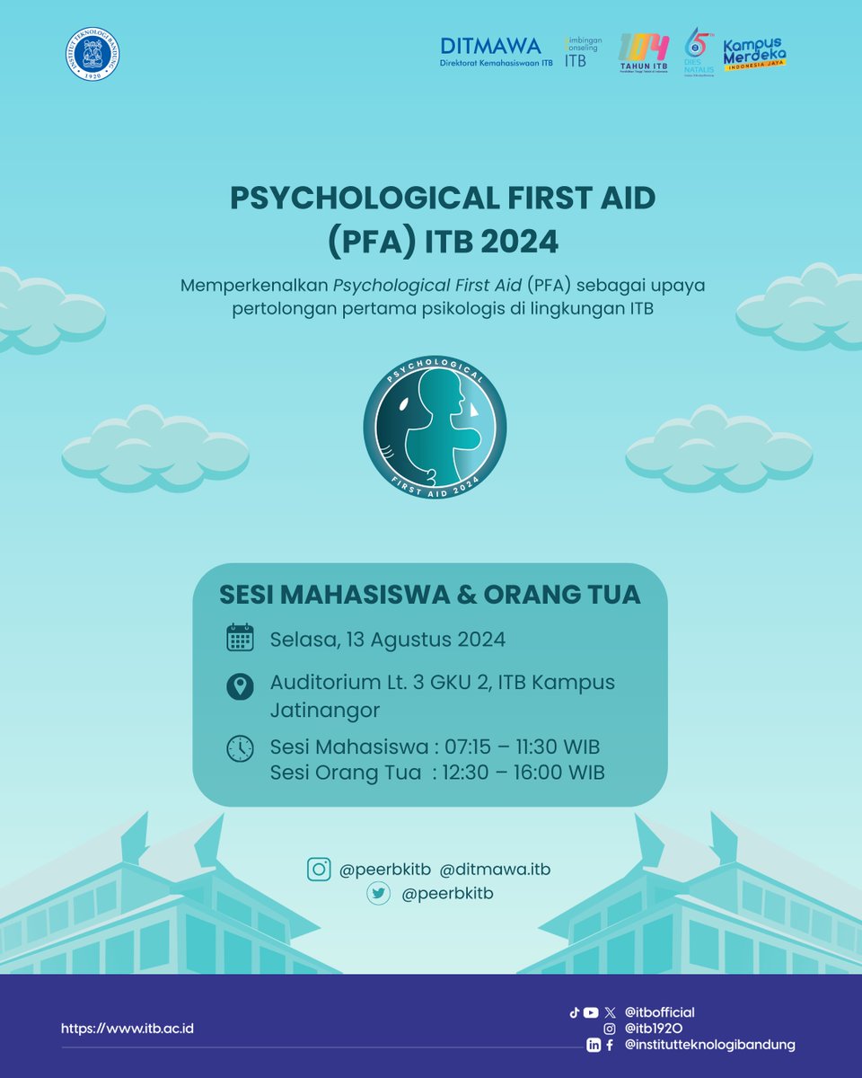 Direktorat Kemahasiswaan ITB akan menyelenggarakan acara Psychological First Aid (PFA) sebagai bagian dari rangkaian Penerimaan Mahasiswa Baru (PMB) 2024. Bagi yang tertarik, silakan isi formulir pendataan melalui link berikutbagi mahasiswa baru dan orang tua dalam menghadapi