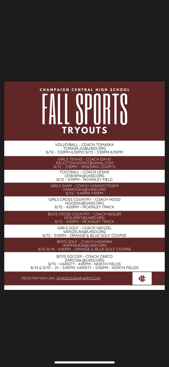 UPDATE- Some changes were made to try out times. 

Fall sports tryout information! Reach out to the athletic office or coaches with any questions!