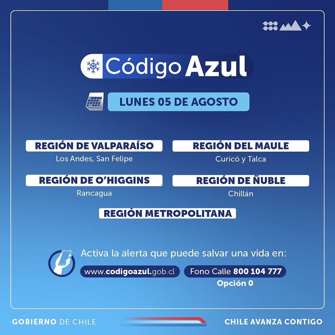 ❄️#CÓDIGOAZUL❄️
Si ves a una persona en situación de calle que necesita abrigo, completa el formulario …zul.ministeriodesarrollosocial.gob.cl/formulario-ale… o llama al 📞800 104 777, para que acudan al lugar. 
💙Tu alerta puede salvar una vida