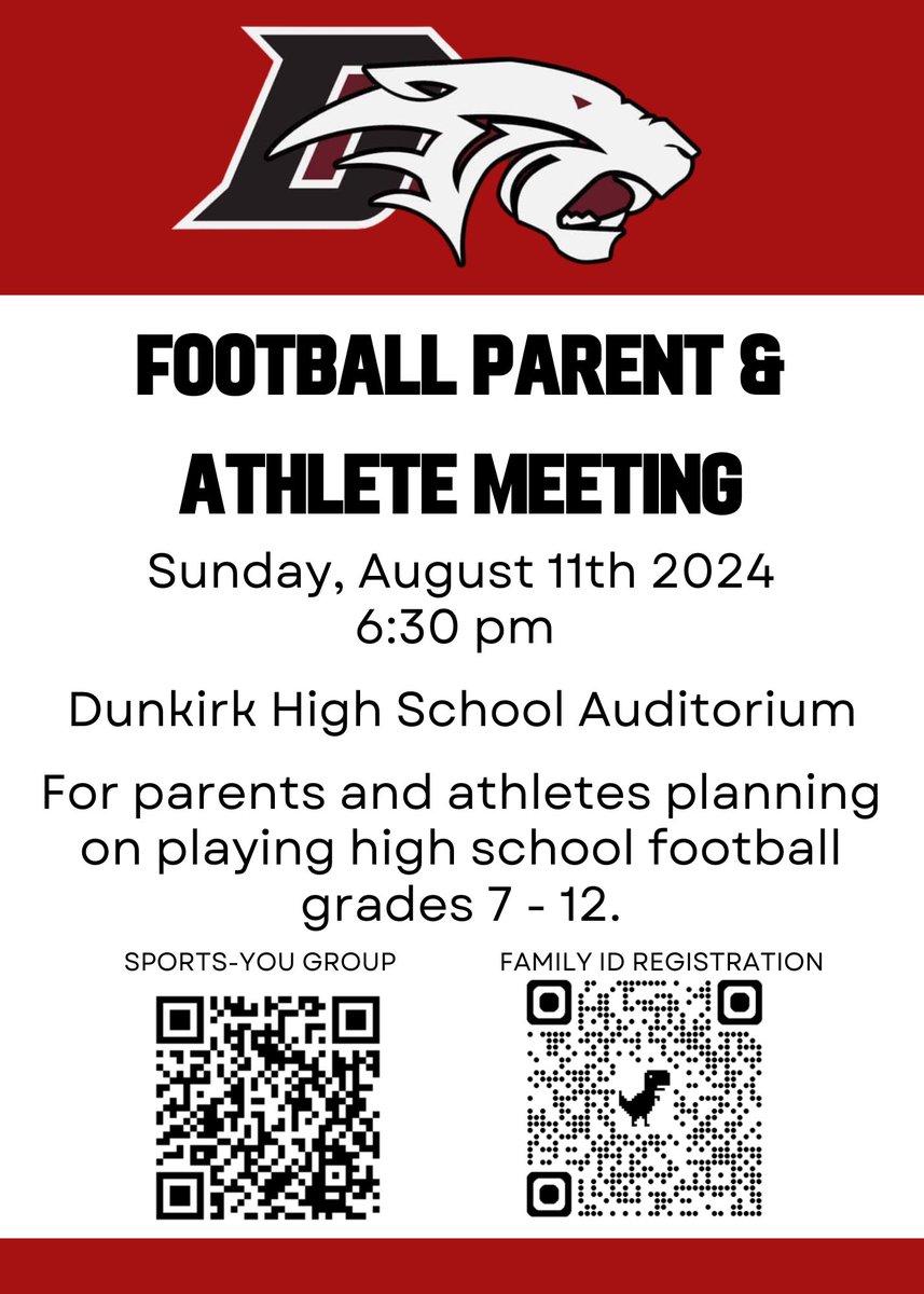 🚨 FOOTBALL PARENTS &amp; ATHLETE MEETING 🚨 
Sunday August 11th at 6:30pm! Grades 7-12!! Training session to follow the meeting on the field!
<a href="/DunkirkCSD/">Dunkirk City School District</a> <a href="/DKWayToPlay/">Dunkirk Marauder Athletics</a>