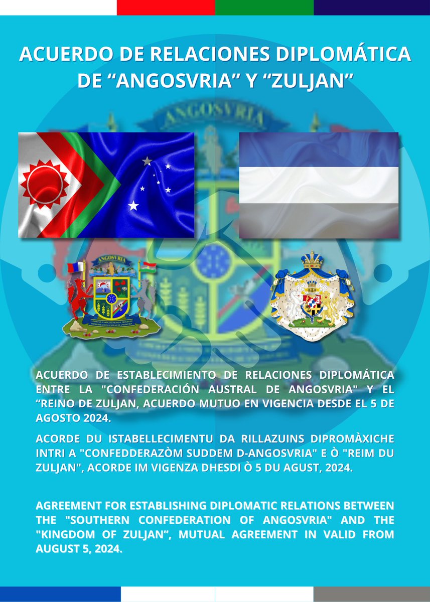 Tratado de relaciones diplomáticas de 
"Angosvria" y "Zuljan"
#Angosvria #Zuljan #Micronations #Micronaciones

Acuerdo de establecimiento de
relaciones diplomática entre la
"Confederación Austral de Angosvria" y 
"Reino de Zuljan",
acuerdo en vigencia desde el 5 de Agosto,2024.