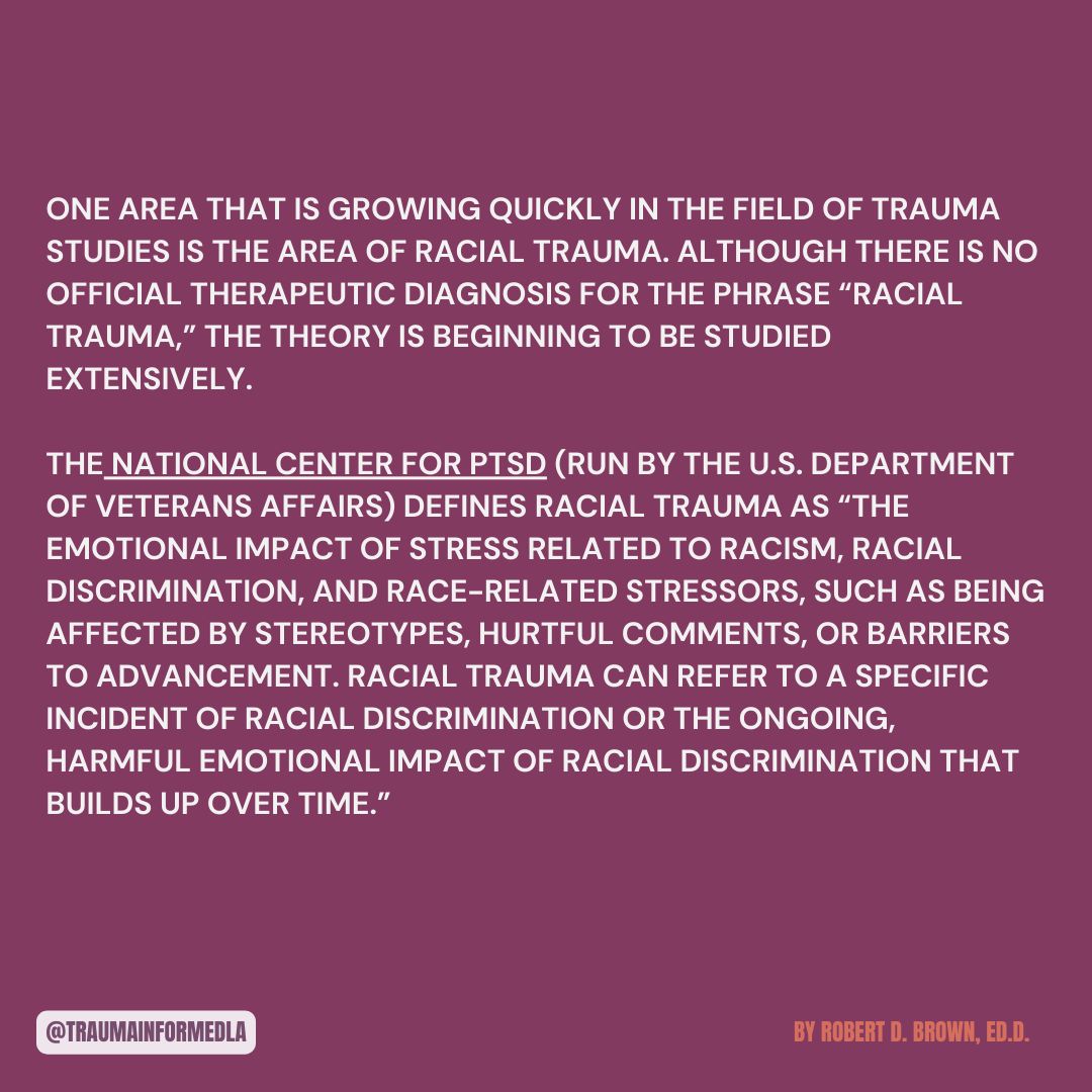 traumainformdla's tweet image. Happy Mindful Monday! ❤️

This week&apos;s piece by Robert D. Brown, Ed.D, focuses on a therapeutic framework for racial trauma! 

Visit our website for more content 
To view previous blog posts, visit our blog! 🌻

#traumainformedla #blogday