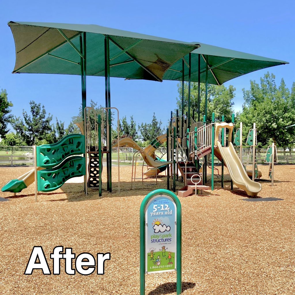 NorCalRec's tweet image. Check out our latest transformation at Riverway Sports Park in Visalia! 🌟 We replaced the old playground with a vibrant new play structure and shade structure, ready for endless fun. 🎉 #NorthernCaliforniaRecreation #riverwaysportspark #commercialplaygrounds #visalia