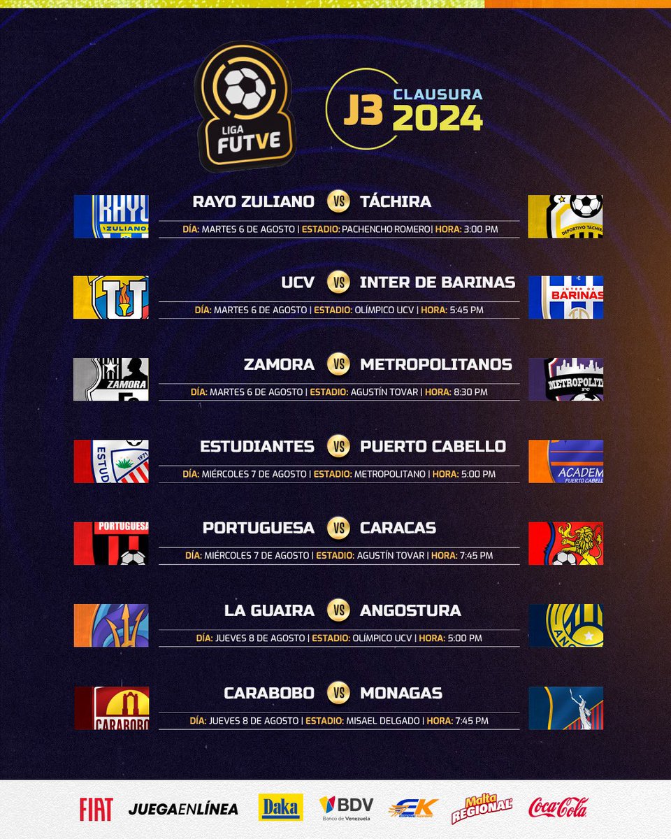 LigaFUTVE's tweet photo. 👀 • Así se jugará la Jornada 3 del Torneo Clausura 2024 de la Liga FUTVE

#VenezuelaEsFUTVE https://t.co/sbSSoJBFCy