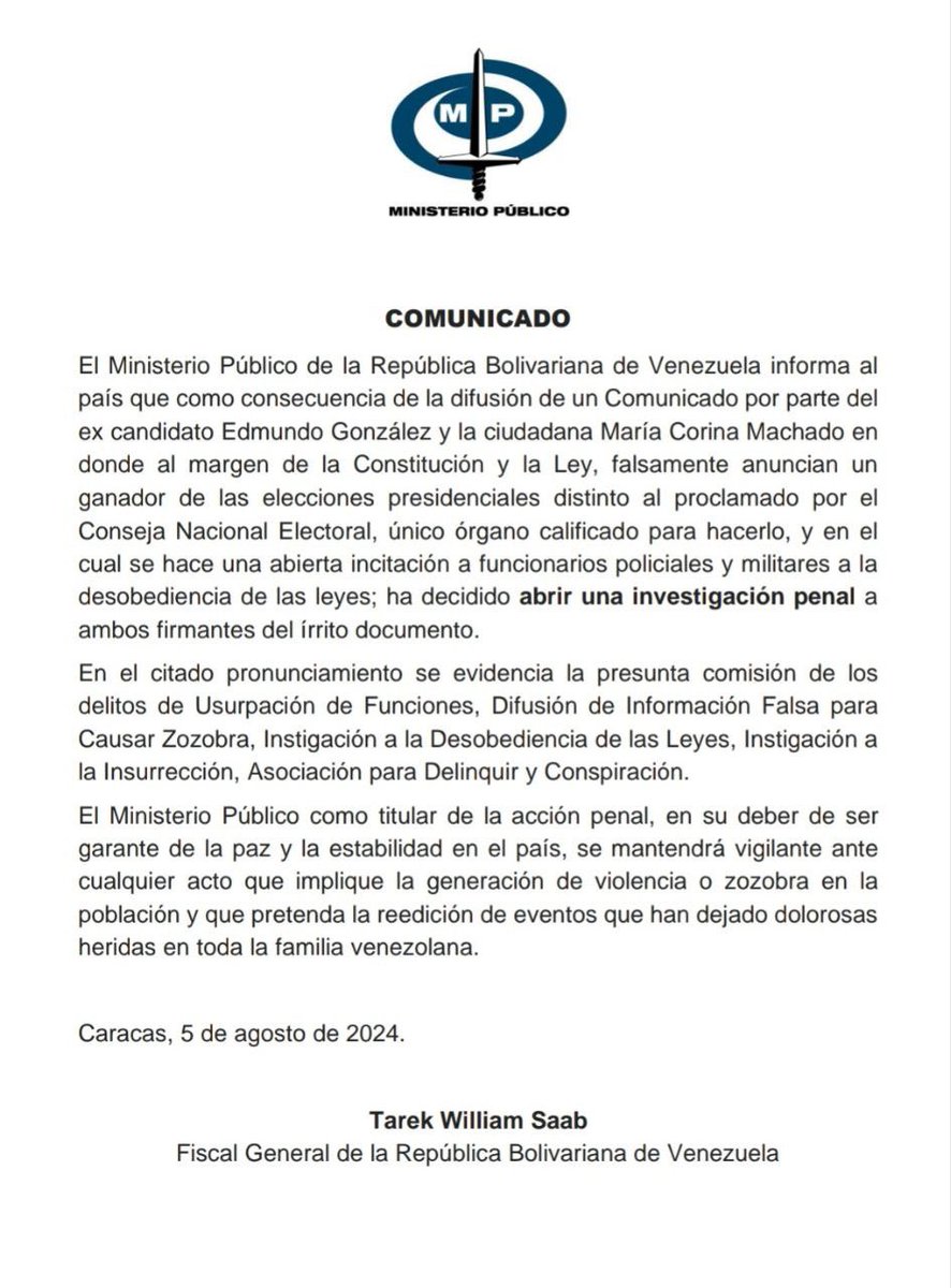 🚨YA ERA HORA⚠️MINISTERIO PÚBLICO INICIA INVESTIGACIÓN PENAL AL CIUDADANO EDMUNDO GONZALEZ Y A LA SRA. MARIA MACHADO