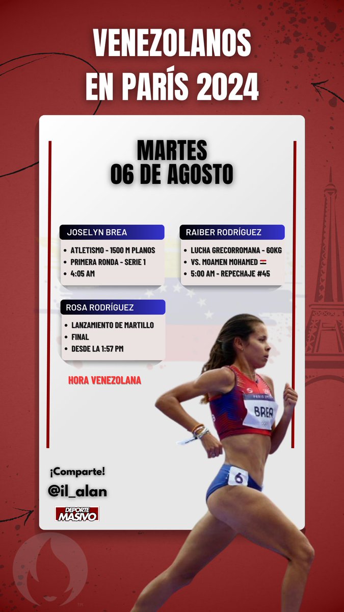 ¡Venezolanos 🇻🇪 este martes en los #JuegosOlímpicos! 

🔸 Joselyn Brea - 1500m
⌚️ 4:05AM - Primera ronda

🔹Raiber Rodríguez - Lucha Grecorromana
⌚️ 5:00AM - Repechaje

🔸 Rosa Rodríguez - Lanzamiento de martillo
⌚️ 1:57PM - FINAL

¡Gracias por compartir! ❤️‍🔥 #Paris2024