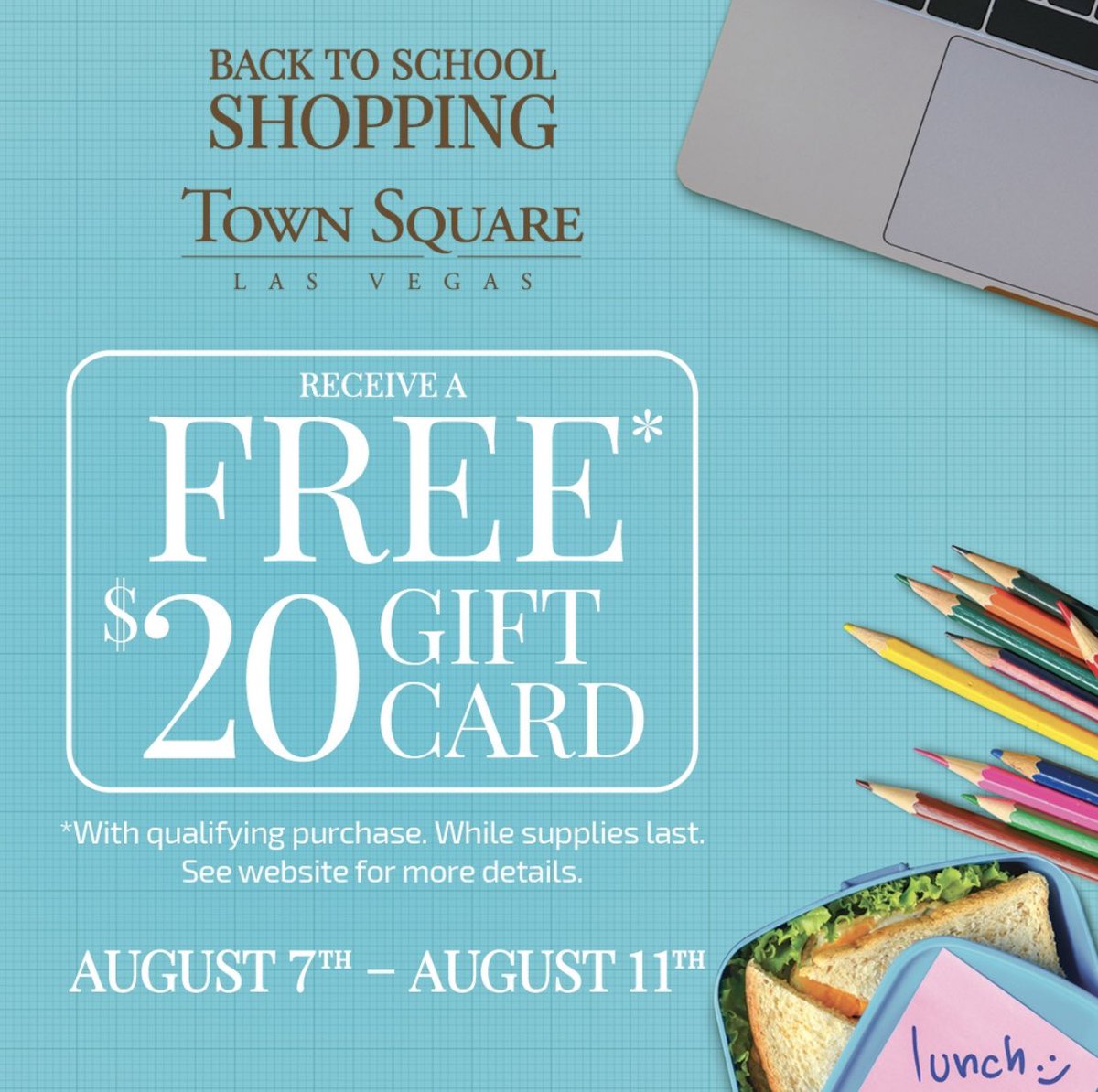This Wednesday - Sunday, spend $100 in our shop, get a $20 <a href="/ShopTownSquare/">TownSquareLasVegas</a> gift card while supplies last! Save your receipt and bring it over to the concierge during their available hours. You can get multiple gift cards but only one per day!