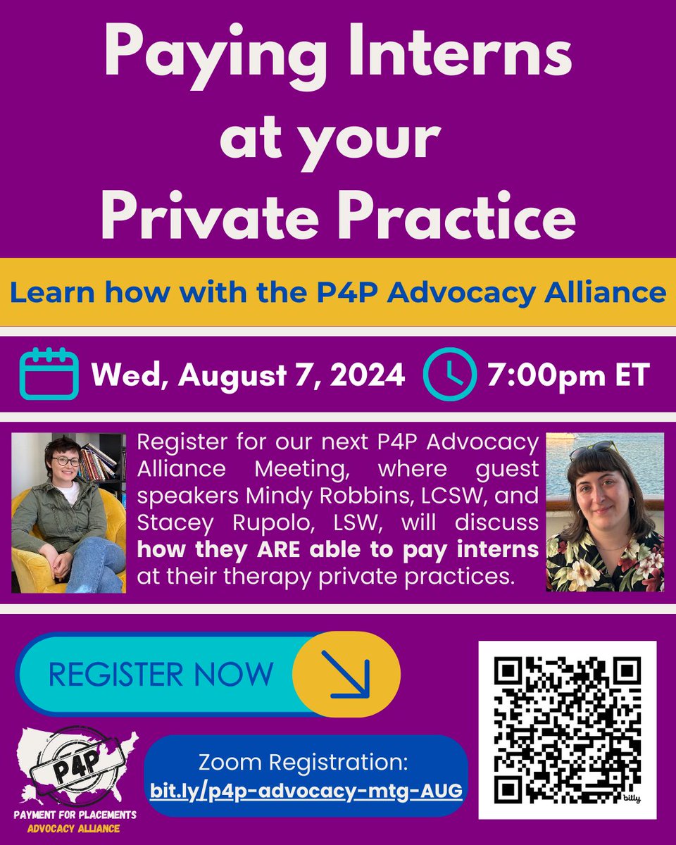 📢 If you just graduated with your social work degree and are invested in getting paid internships for students, register for the August <a href="/P4PNational/">Payment 4 Placements (U.S.)</a> P4P Advocacy Alliance Meeting for non-student P4P advocates! 🔗 bit.ly/p4p-advocacy-m…