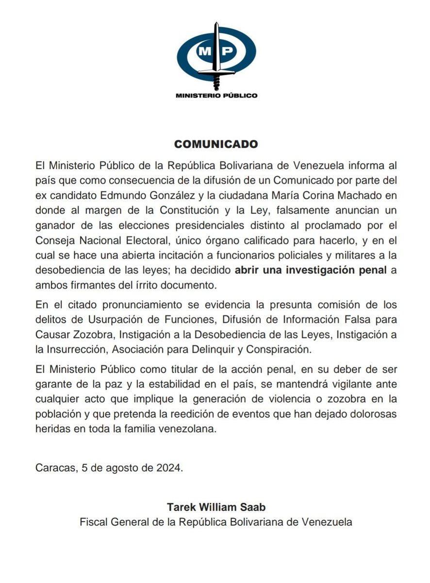 EmmaRincon's tweet image. El fiscal de la tiranía de Maduro abre una investigación penal contra el presidente electo Edmundo González y María Corina Machado por su llamado a los militares a ponerse del lado de la Constitución.