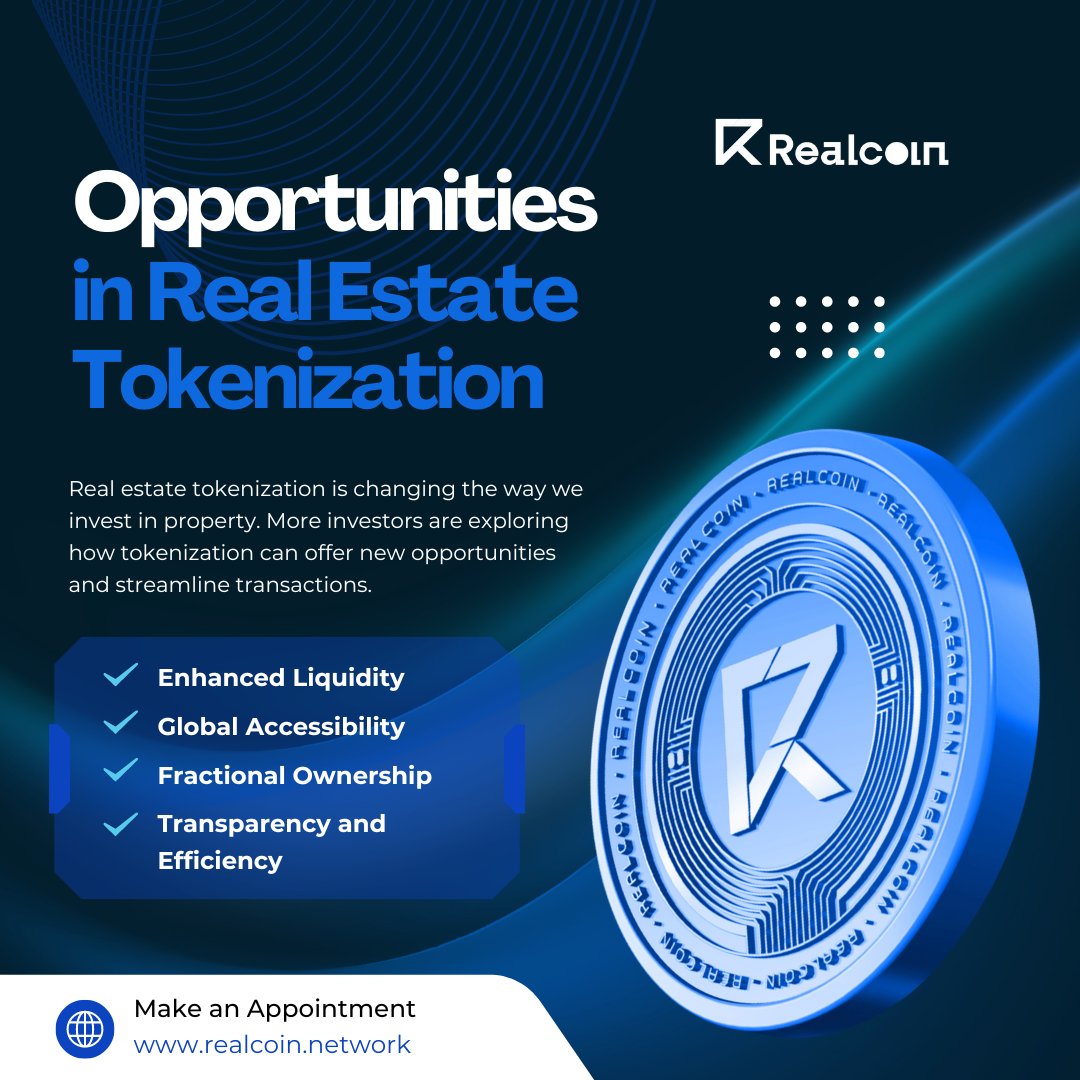 RealcoinNetwork's tweet photo. 𝗥𝗲𝗮𝗹 𝗘𝘀𝘁𝗮𝘁𝗲 𝗧𝗼𝗸𝗲𝗻𝗶𝘇𝗮𝘁𝗶𝗼𝗻: 𝗢𝗽𝗽𝗼𝗿𝘁𝘂𝗻𝗶𝘁𝗶𝗲𝘀

📷 By turning physical assets into digital tokens, it's making real estate transactions simpler and more accessible.

📷Explore new opportunities!

#RCT #Realcoin #RWA #RWP https://t.co/rHMml6bf9t