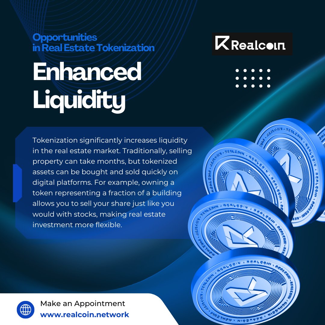 RealcoinNetwork's tweet photo. 𝗥𝗲𝗮𝗹 𝗘𝘀𝘁𝗮𝘁𝗲 𝗧𝗼𝗸𝗲𝗻𝗶𝘇𝗮𝘁𝗶𝗼𝗻: 𝗢𝗽𝗽𝗼𝗿𝘁𝘂𝗻𝗶𝘁𝗶𝗲𝘀

📷 By turning physical assets into digital tokens, it's making real estate transactions simpler and more accessible.

📷Explore new opportunities!

#RCT #Realcoin #RWA #RWP https://t.co/rHMml6bf9t