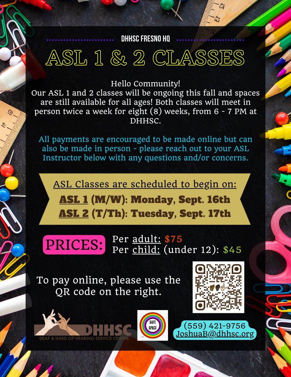 DHHSCtweets's tweet image. *NEW ASL CLASSES THIS FALL 2024 FOR ALL AGES!*
Scan the QR code or insert this link for flyer, payment, etc.: dhhsc.org/asl-classes/
See you in September!
#DHHSC #FresnoHeadquarters #ASLClasses #ASL #AmericanSignLanguage #Learning #Skill #Fall #Fun