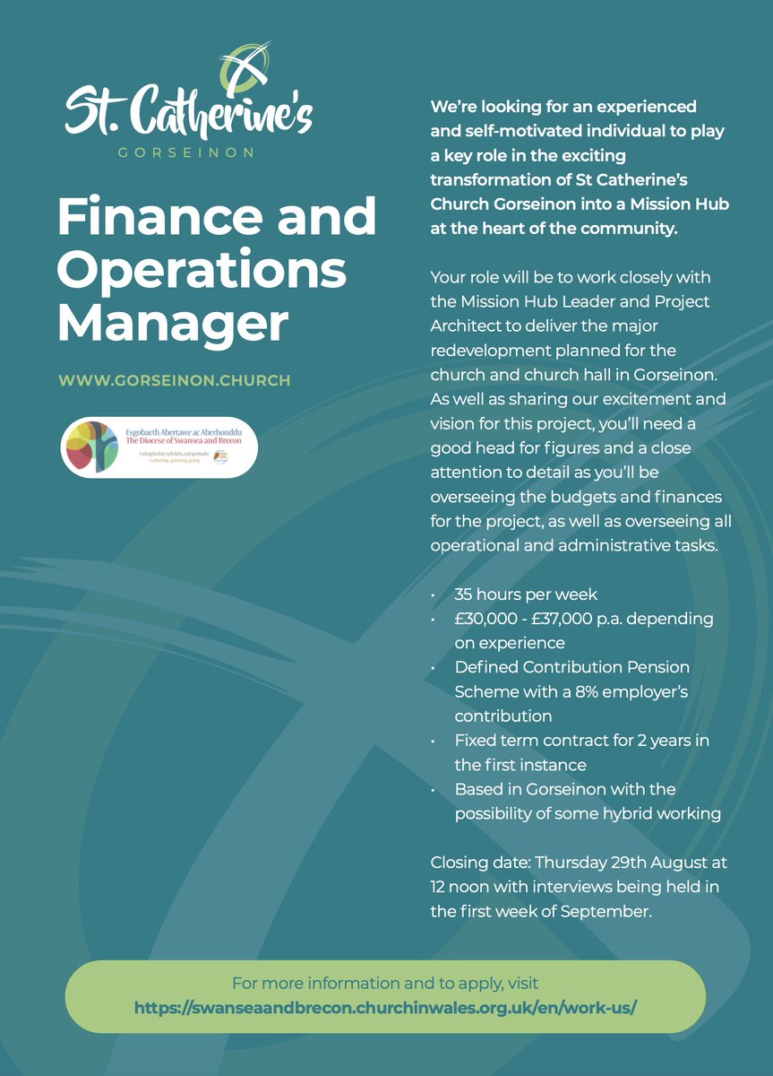 Might God be calling you to be Finance and Operations Manager at a growing church in Swansea, Wales' second city? <a href="/ChurchinWales/">The Church in Wales | Yr Eglwys yng Nghymru</a> <a href="/EsgobaethBangor/">Esgobaeth Bangor | The Diocese of Bangor</a> @StAsaphDiocese <a href="/LlandaffDio/">Llandaff Diocese ✝️🏴󠁧󠁢󠁷󠁬󠁳󠁿</a> <a href="/MonmouthDCO/">Monmouth Diocese</a> <a href="/StDavidsCath/">St Davids Cathedral</a> @HTBChurch <a href="/NewWineCymru/">New Wine Cymru</a> <a href="/NewWineEngland/">New Wine</a>