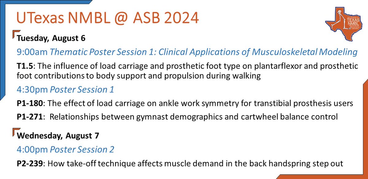 UTexas NMBL (@utexasnmbl) on Twitter photo We have some great work highlighted this year at #ASB2024! Come on by and let's talk all things biomechanics...from cartwheels to carbon fiber feet!
<a href="/AmSocBiomech/">American Society of Biomechanics</a> We have some great work highlighted this year at #ASB2024! Come on by and let's talk all things biomechanics...from cartwheels to carbon fiber feet!
<a href="/AmSocBiomech/">American Society of Biomechanics</a>