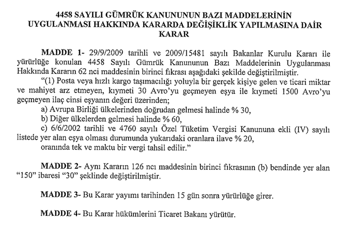 ➡️ Yurt dışı hızlı kargoda 150 euro olan alışveriş sınırı 30 euro'ya indirildi!

➡️ Avrupa birliği ülkelerinden gelen ürünlerden %30, Çin dahil diğer ülkelerden gelen ürünlerden %60 oranında vergi alınacak.

➡️ Özetle; Temu ve Aliexpress'e ek vergi geldi. Amazon yurt dışı