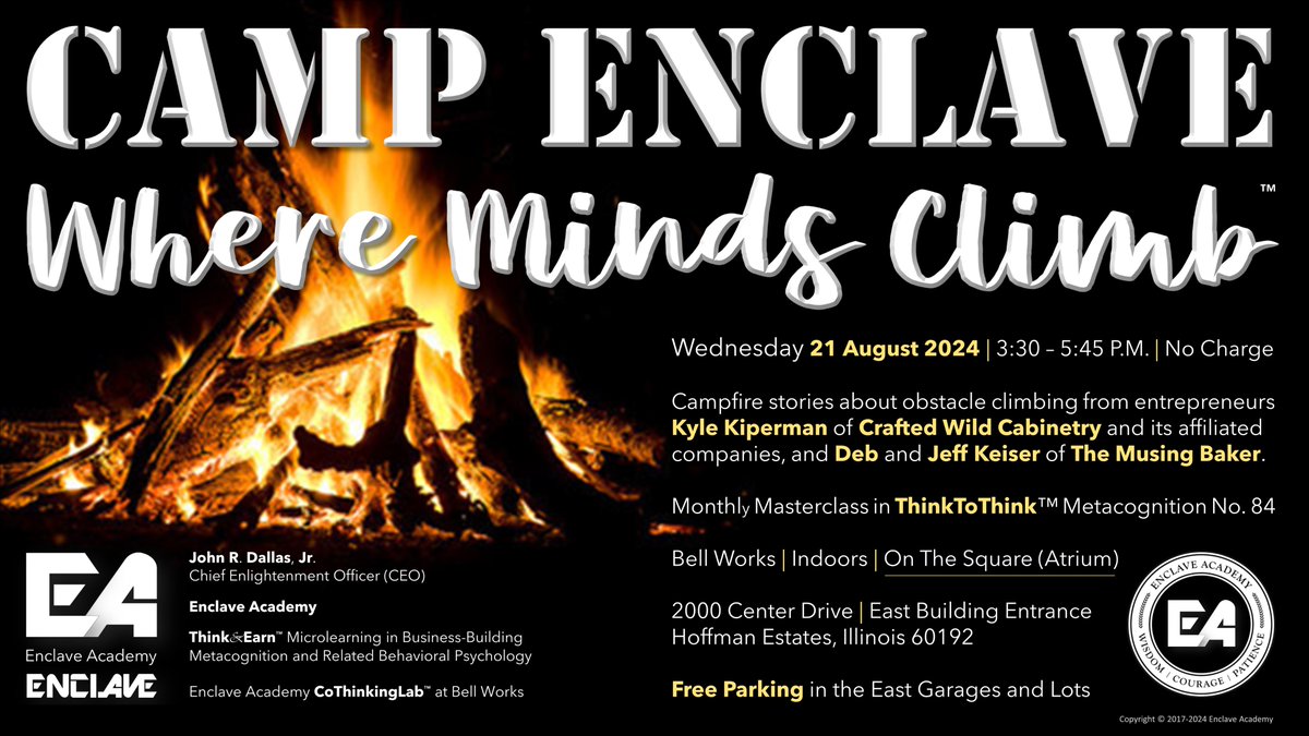JohnRDallasJr's tweet photo. #CampEnclave is @EnclaveAcademy's annual masterclass with scary, funny, and triumphant campfire stories told by #entrepreneurs. In the air-conditioned comfort of @bell_works, we'll gather around an imaginary #campfire to share obstacle-climbing triumphs. https://t.co/JXoXNtsBJu