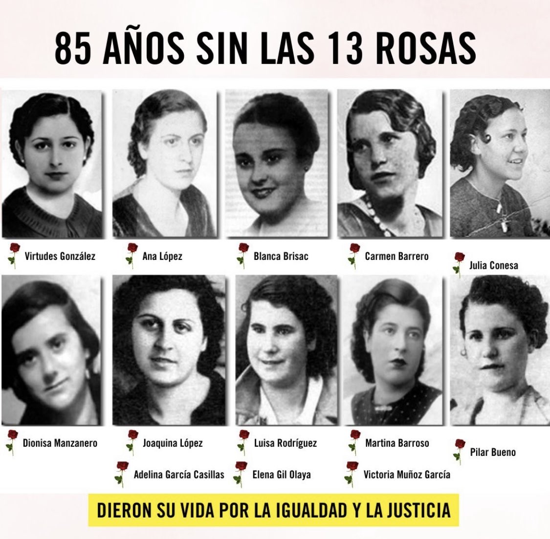 Ana Belén Castejón (@anabcastejon) on Twitter photo 🥀 5 de agosto 🖤
13 mujeres valientes arriesgaron y dieron su vida por defender sus ideales y valores hasta la muerte 😞
📖 Que sus nombres no se borren NUNCA de la historia; NUESTRA HISTORIA!
#las13rosas
<a href="/SiCartagena2023/">Sí Cartagena</a> 🥀 5 de agosto 🖤
13 mujeres valientes arriesgaron y dieron su vida por defender sus ideales y valores hasta la muerte 😞
📖 Que sus nombres no se borren NUNCA de la historia; NUESTRA HISTORIA!
#las13rosas
<a href="/SiCartagena2023/">Sí Cartagena</a>