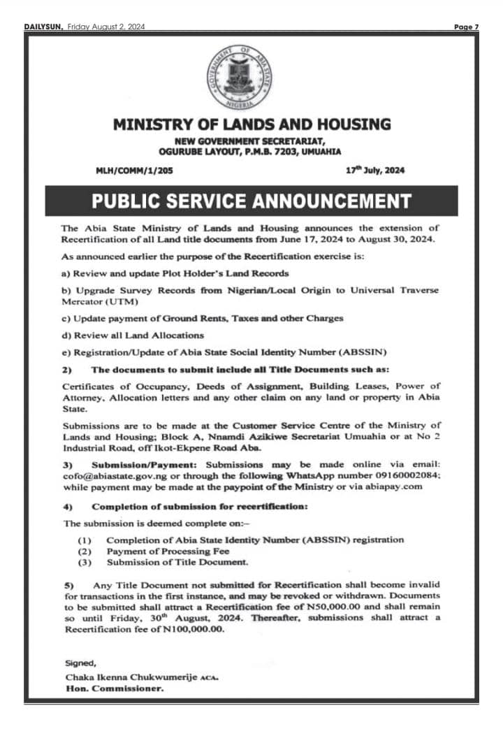 Do you have any land or property in Abia? Have you submitted a copy of your Title Document for the recertification exercise? The deadline is 30-Aug-24. Send a message to 09160002083 or an email to cofo@abiastate.gov.ng for a quick processing of your transaction.