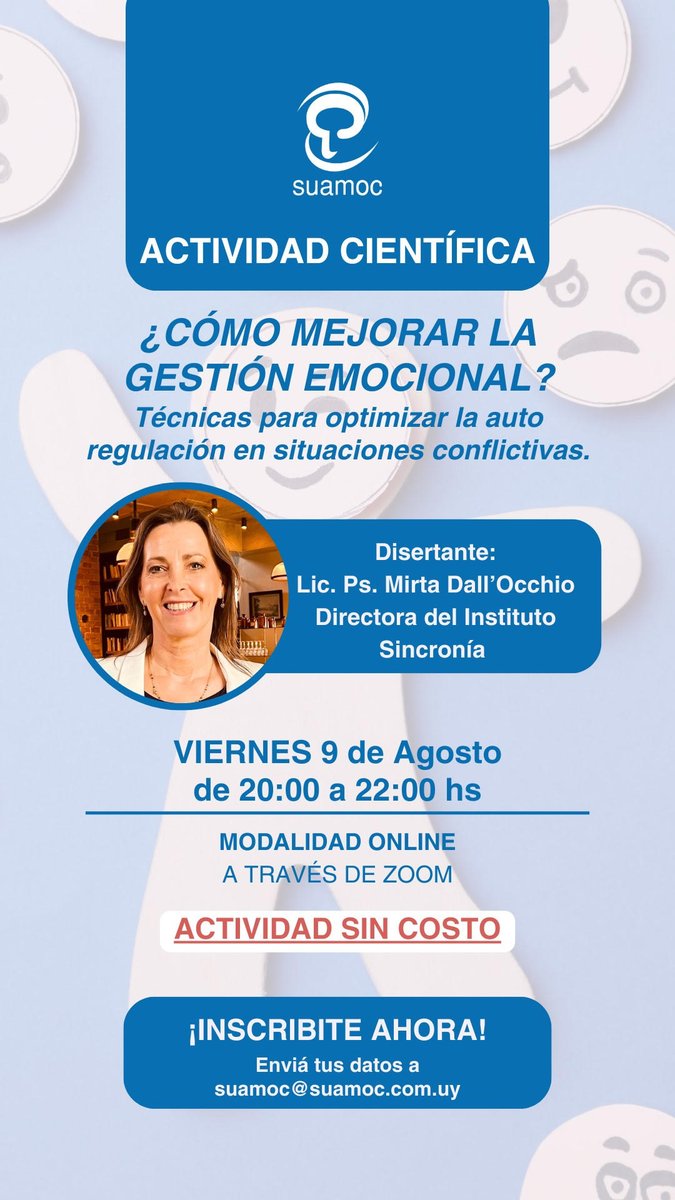 suamoc_uruguay's tweet photo. 🔜Fin de semana de formación en #SUAMOC ‼️
🗓️9/8: Actividad científica👉 Ps. Mirta Dall’Occhio: Cómo mejorar la gestión emocional: Técnicas para optimizar la autoregulación en situaciones conflictivas
🗓️10/8: Seminario: Terapia de Aceptación y Compromiso 👉 Mag. Mariana Silvera https://t.co/Cox0i6M8UZ