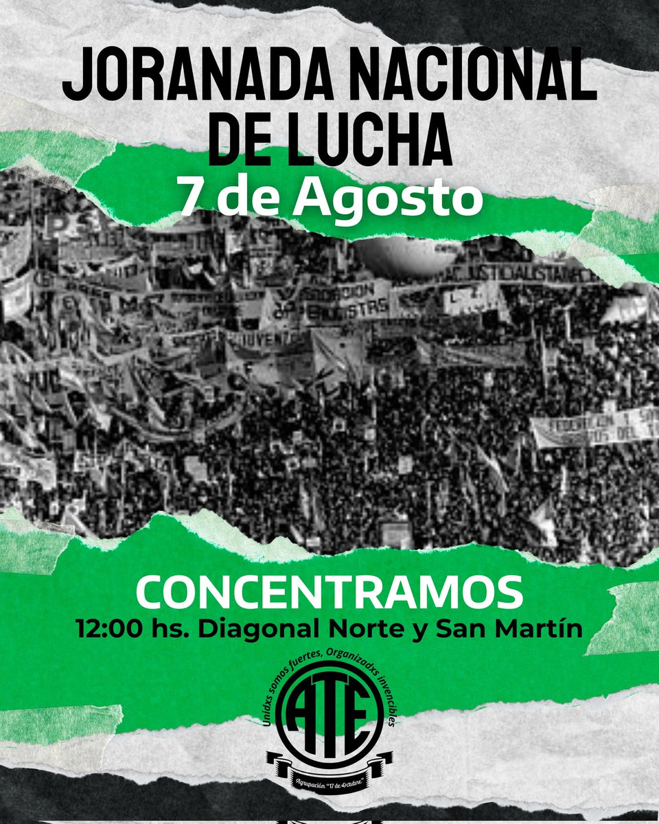 📌7 de Agosto 🗓️
𝗝𝗢𝗥𝗡𝗔𝗗𝗔 𝗡𝗔𝗖𝗜𝗢𝗡𝗔𝗟 𝗗𝗘 𝗟𝗨𝗖𝗛𝗔 
.
.
.
.
#ate #TrabajadoresDelEstado #estatales #7a #7deAgosto #ConstruyendoLaUnidad #Agrupacion17deOctubreEnATE #jornadanacionaldelucha