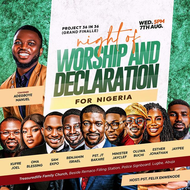 Manueldpoet's tweet photo. Night of Worship & Declaration for Nigeria! (Project36in36 finalle)
Dress Code: All White.
congratulations Nigeria #BBNaija #Victoria #EndBadGovernanceProtest
#withGodallthingsarepossible
#project36in36
#proverbs3:6
#Saved2save
#manuelthetraveller https://t.co/JlelGcDCNg